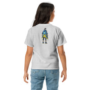 Youth wearing grey tee with Ukrainian anime character design, showcasing cultural pride and comfort in 100% cotton fabric.