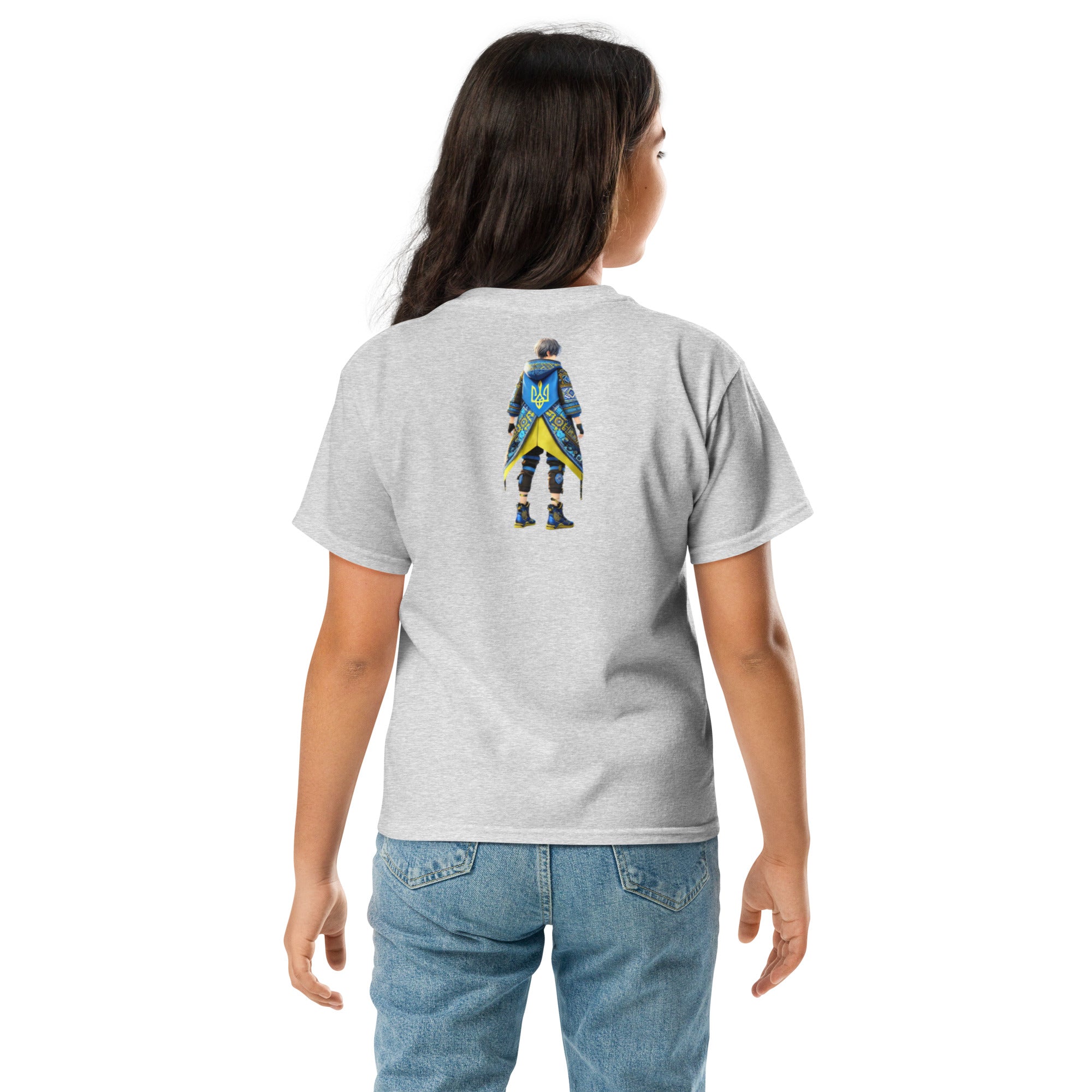 Youth wearing grey tee with Ukrainian anime character design, showcasing cultural pride and comfort in 100% cotton fabric.