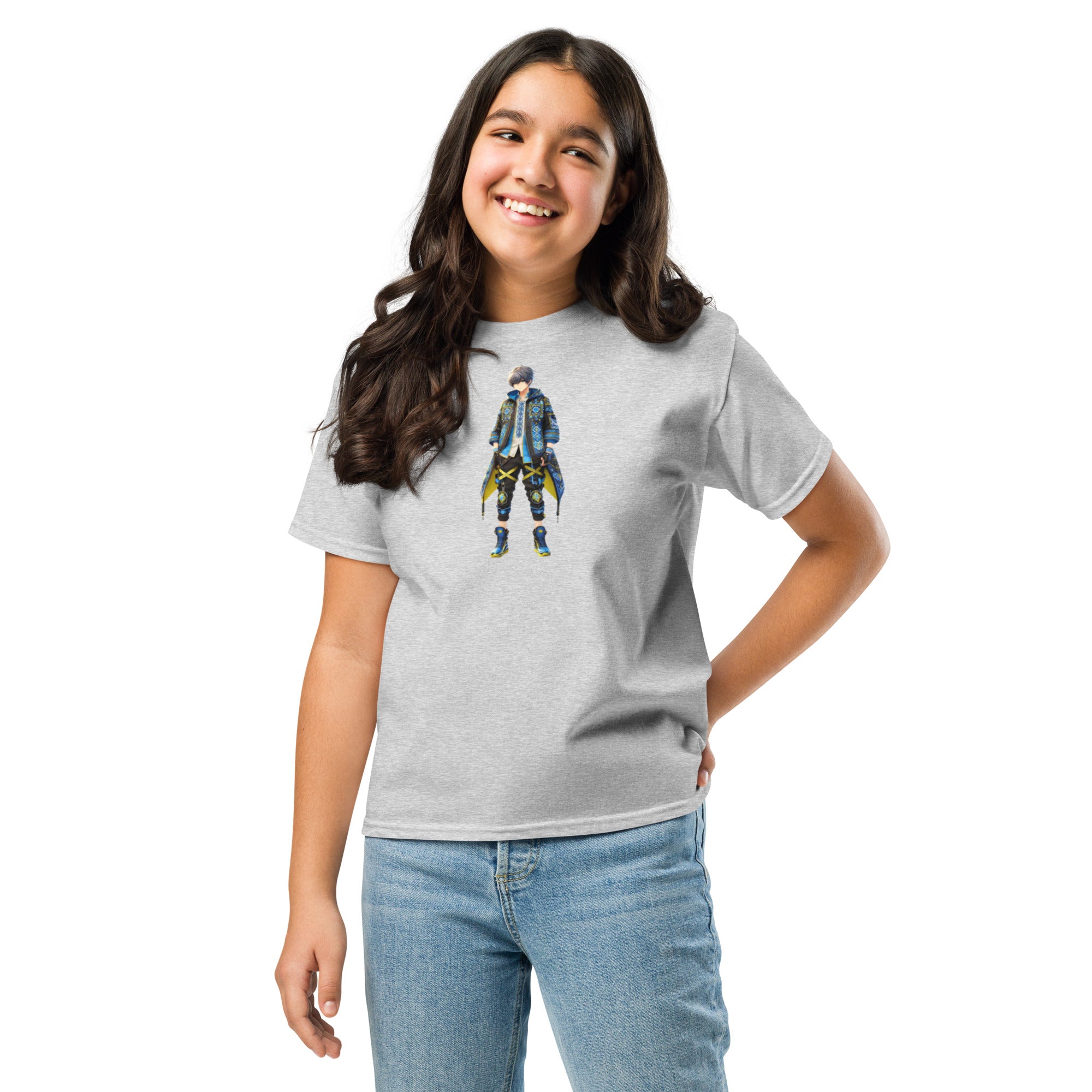 Youth wearing classic tee with Ukrainian anime character graphic, smiling. Made from 100% cotton for comfort and style.