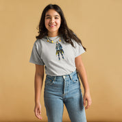 Youth wearing a classic tee with Ukrainian anime character design, showcasing comfort and style in 100% cotton fabric.
