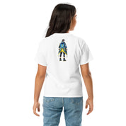 Youth wearing classic white tee with Ukrainian anime character design on the back, showcasing modern style and cultural pride.