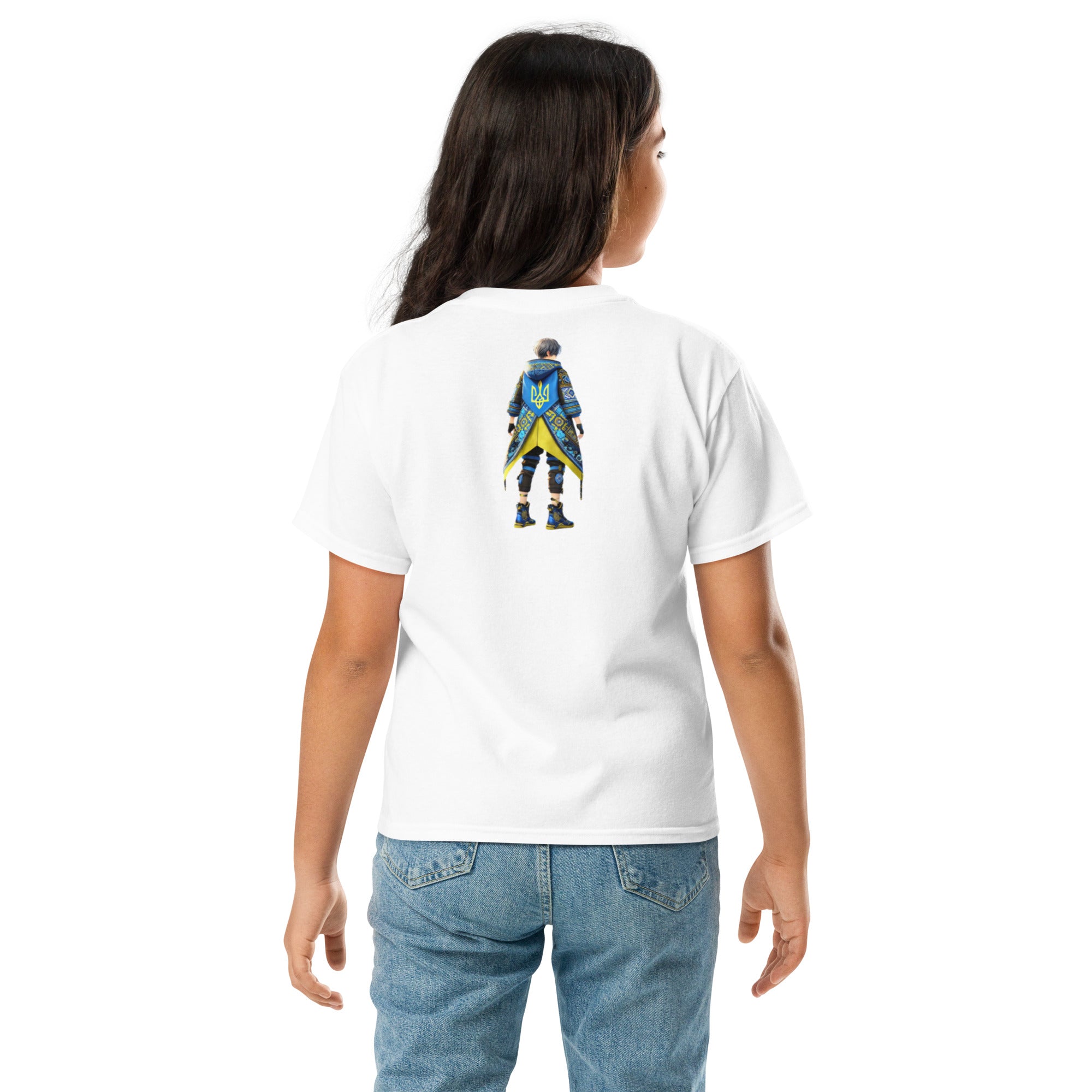 Youth wearing classic white tee with Ukrainian anime character design on the back, showcasing modern style and cultural pride.