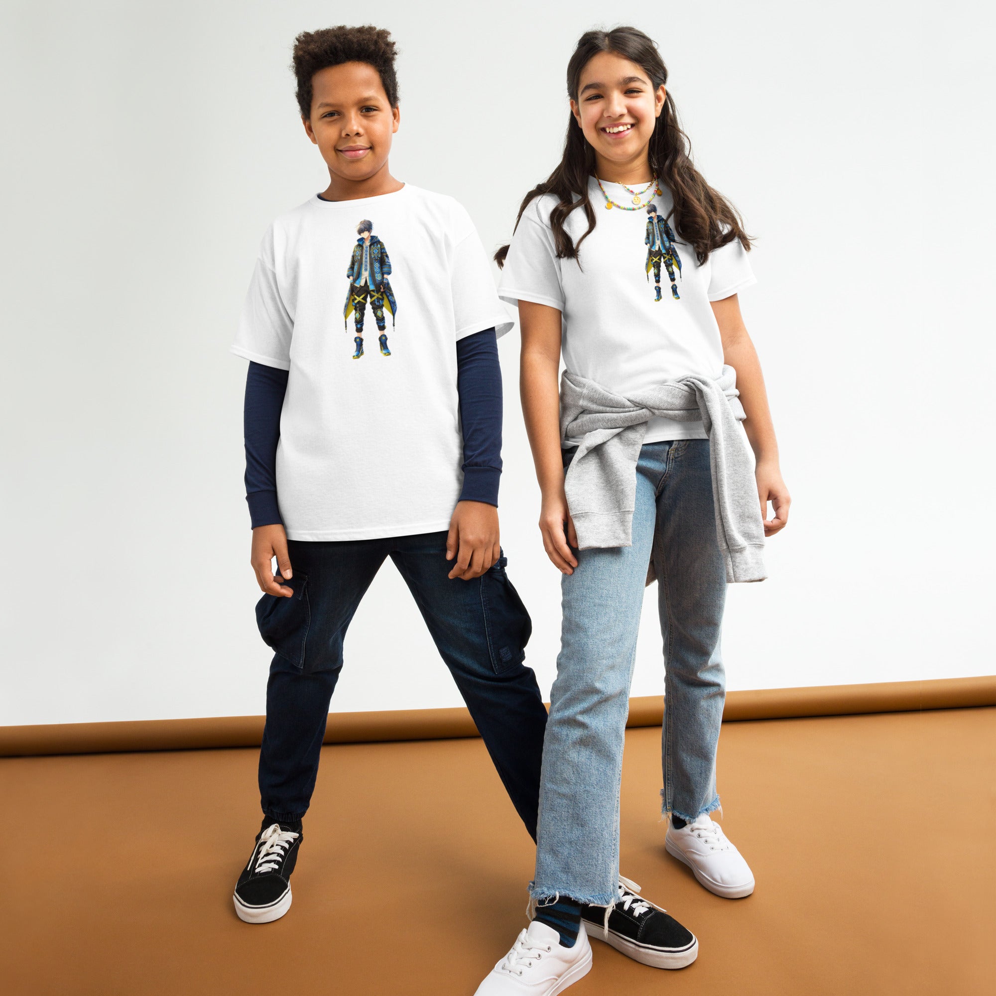 Youth wearing Ukrainian anime character tees, showcasing modern style and comfort in 100% cotton for kids.