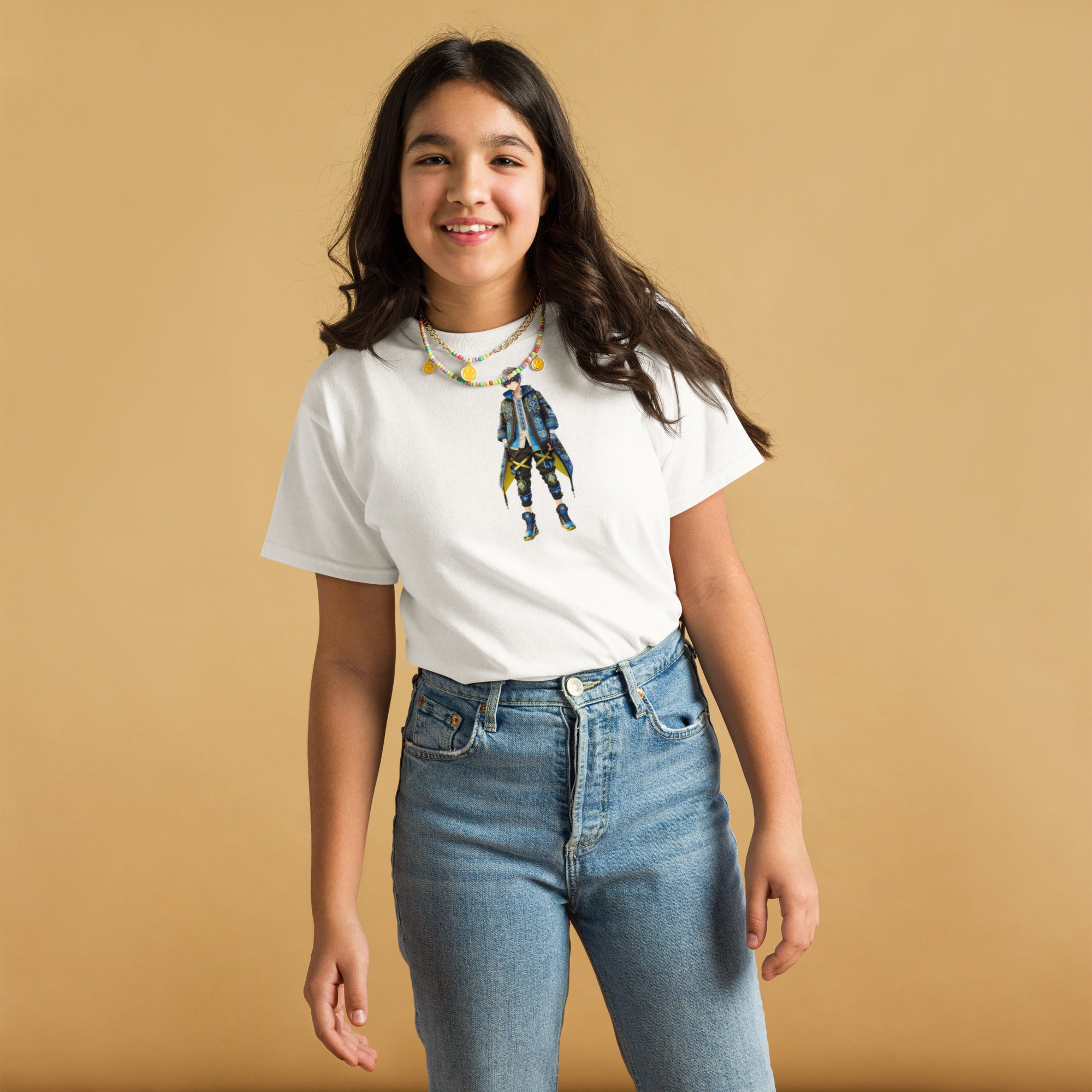 Youth wearing classic tee with Ukrainian anime character, jeans, and a necklace on beige background. Perfect for kids expressing Ukrainian pride.