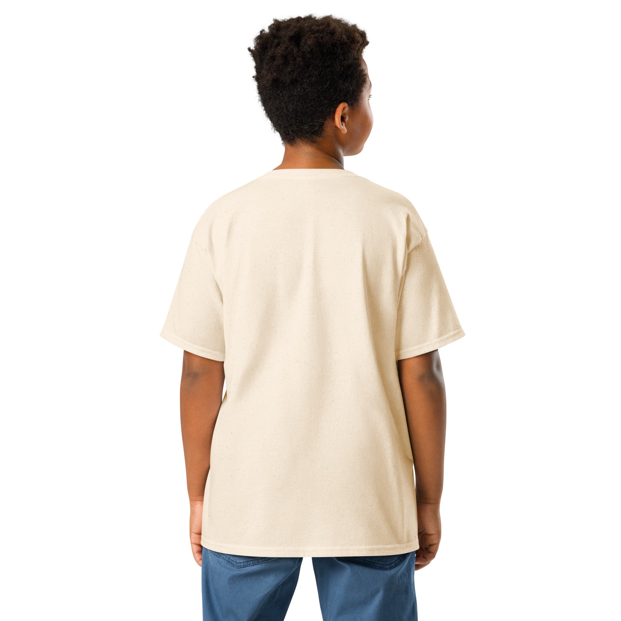 Back view of a youth wearing a beige classic t-shirt, showcasing comfort and style. Ideal for active kids. Ukrainian pride apparel.