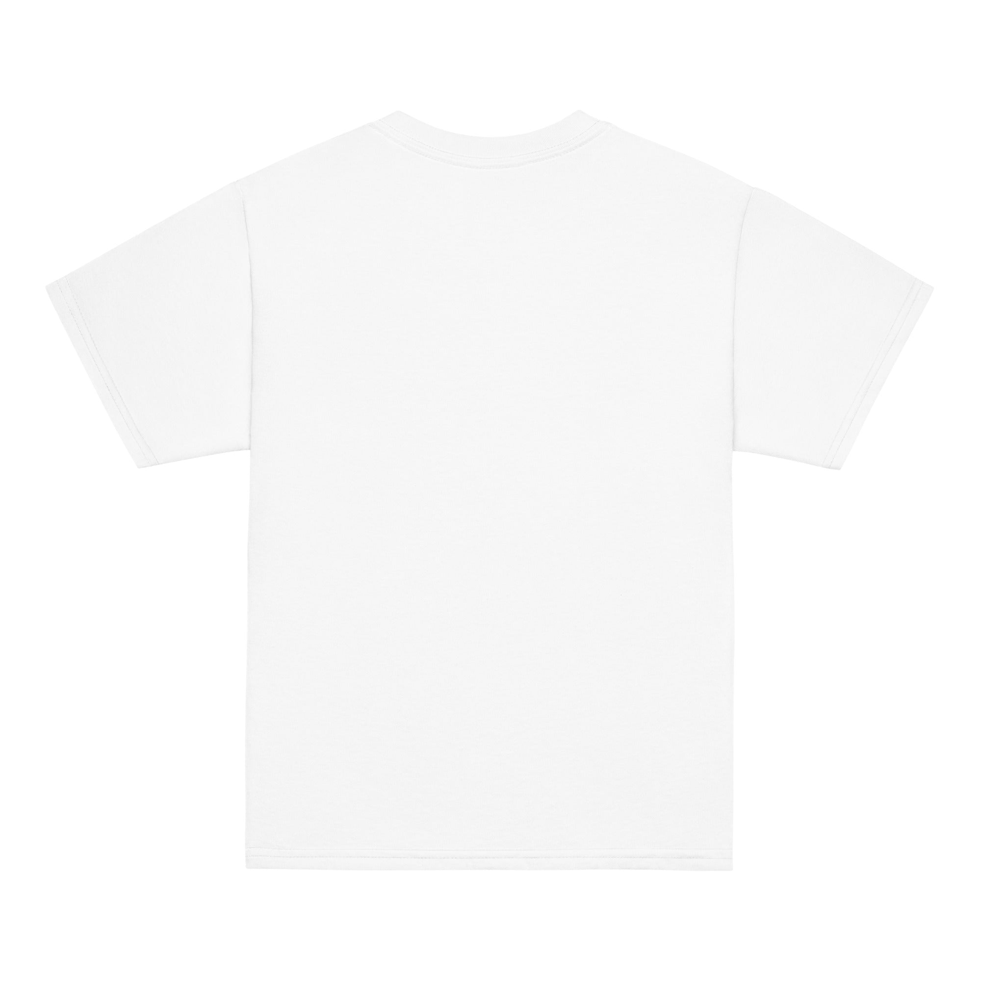 Youth classic white t-shirt back view featuring the iconic Ukrainian Tryzub emblem, perfect for kids showcasing their heritage.