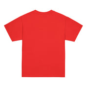 Red youth classic t-shirt showcasing Ukrainian Tryzub emblem, made from 100% cotton, symbolizing Ukrainian pride and culture.