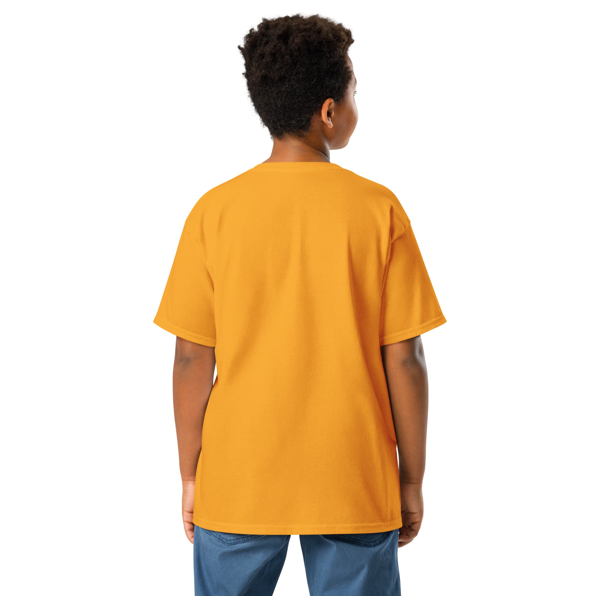 Back view of child wearing orange youth t-shirt, showcasing Ukrainian pride with iconic Tryzub emblem in durable, comfy design.