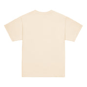 Back view of youth classic t-shirt in beige. Comfortable 100% cotton, emphasizing Ukrainian pride with iconic Tryzub emblem.