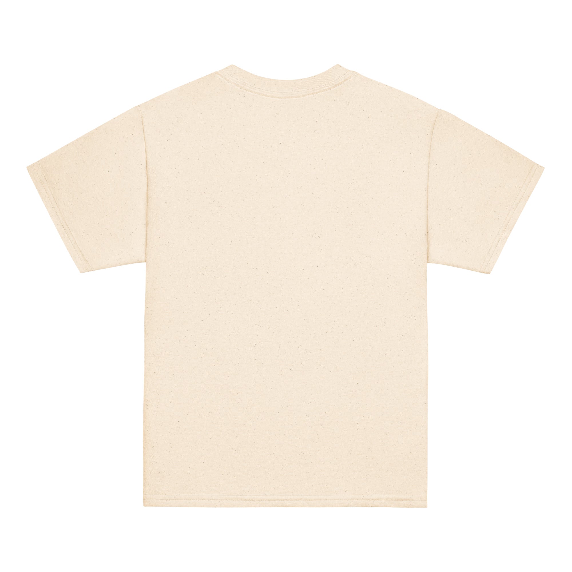 Back view of youth classic t-shirt in beige. Comfortable 100% cotton, emphasizing Ukrainian pride with iconic Tryzub emblem.