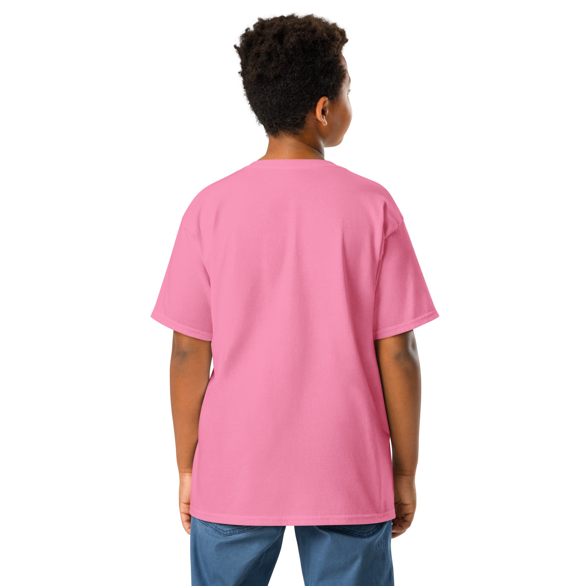 Rear view of a child wearing a pink youth classic t-shirt featuring a Ukrainian emblem