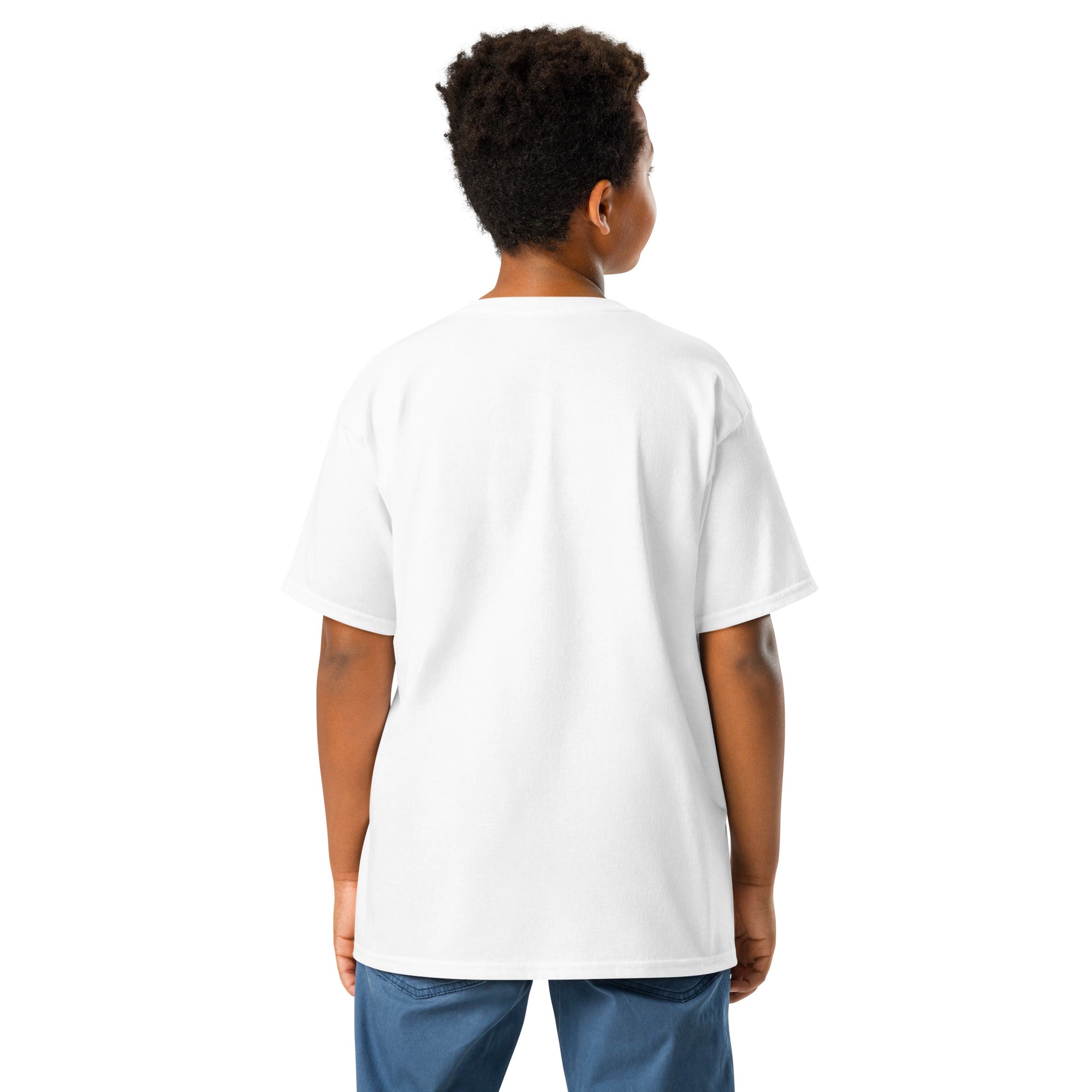 Young boy wearing a white youth classic t-shirt showcasing Ukrainian Tryzub emblem, perfect for comfort and cultural pride.