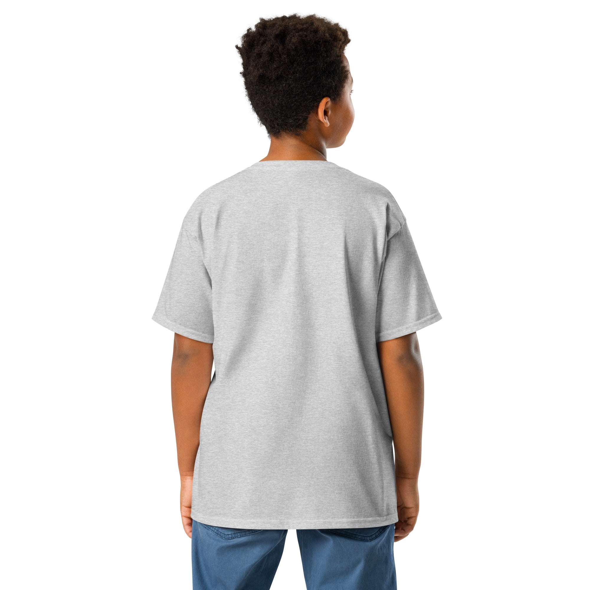 Back view of youth classic t-shirt in grey, showcasing a comfortable fit. Perfect for active kids, made with premium cotton blend material.