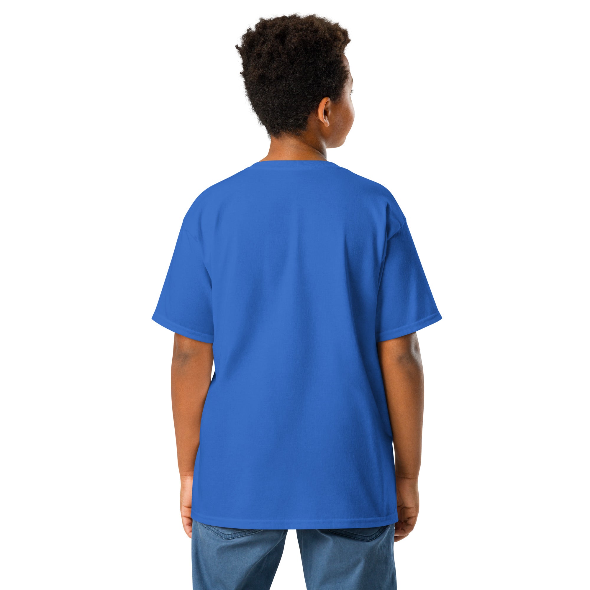 Back view of a youth wearing a blue classic t-shirt featuring the Ukrainian Tryzub emblem, ideal for showcasing Ukrainian pride.