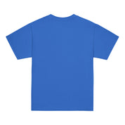 Back view of youth classic blue t-shirt showcasing Ukrainian Tryzub emblem, made from premium cotton for comfort and durability.