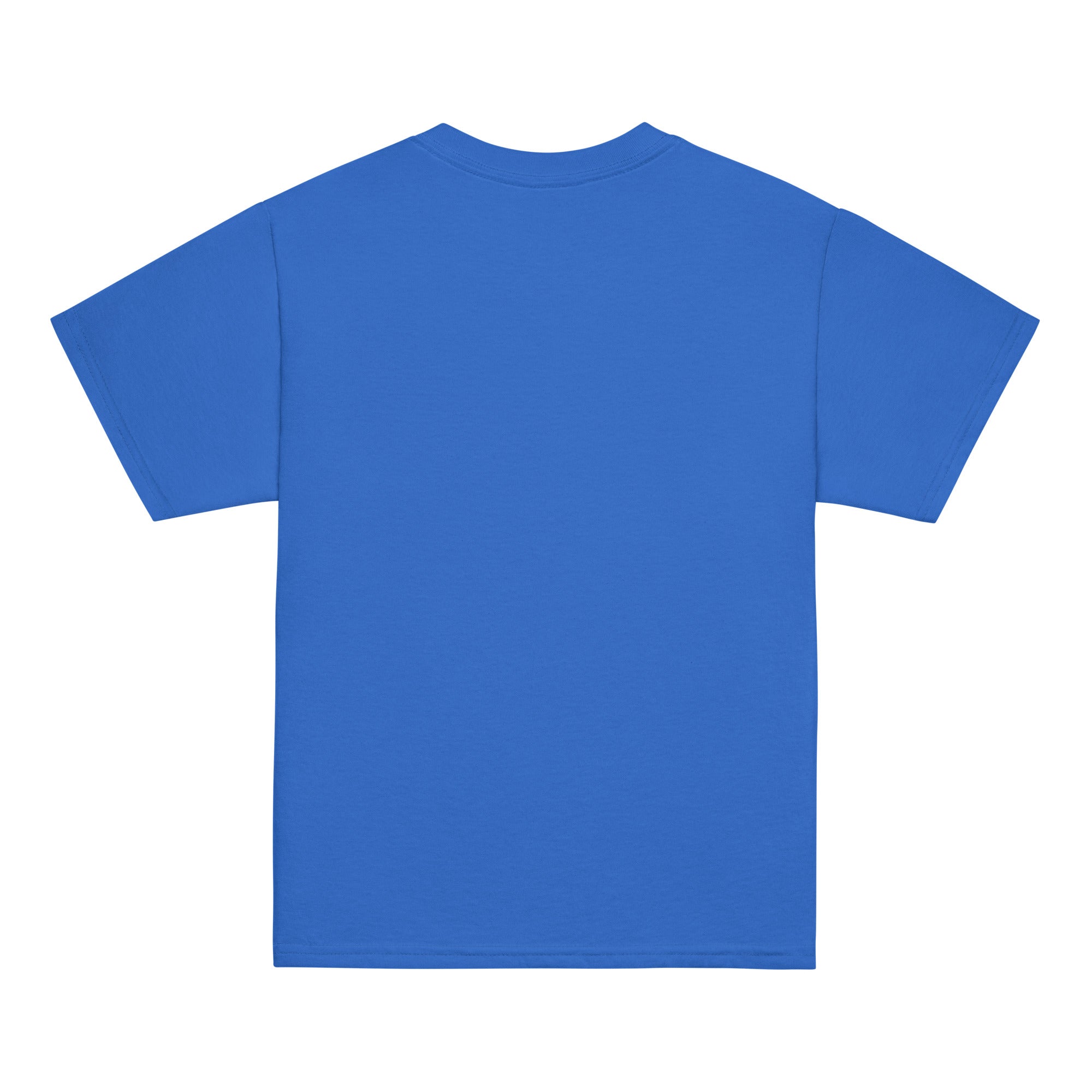 Back view of youth classic blue t-shirt showcasing Ukrainian Tryzub emblem, made from premium cotton for comfort and durability.