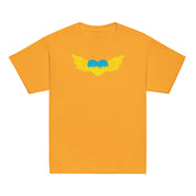 Youth t-shirt in yellow with a Ukrainian emblem and wings graphic, made from 100% cotton, ideal for showcasing Ukrainian pride.