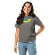 Youth wearing classic t-shirt with Ukrainian Tryzub emblem, showcasing cultural pride and comfort for active lifestyles.
