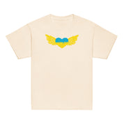 Youth classic t-shirt with Ukrainian Tryzub emblem on the chest, showcasing patriotic design in soft beige color.