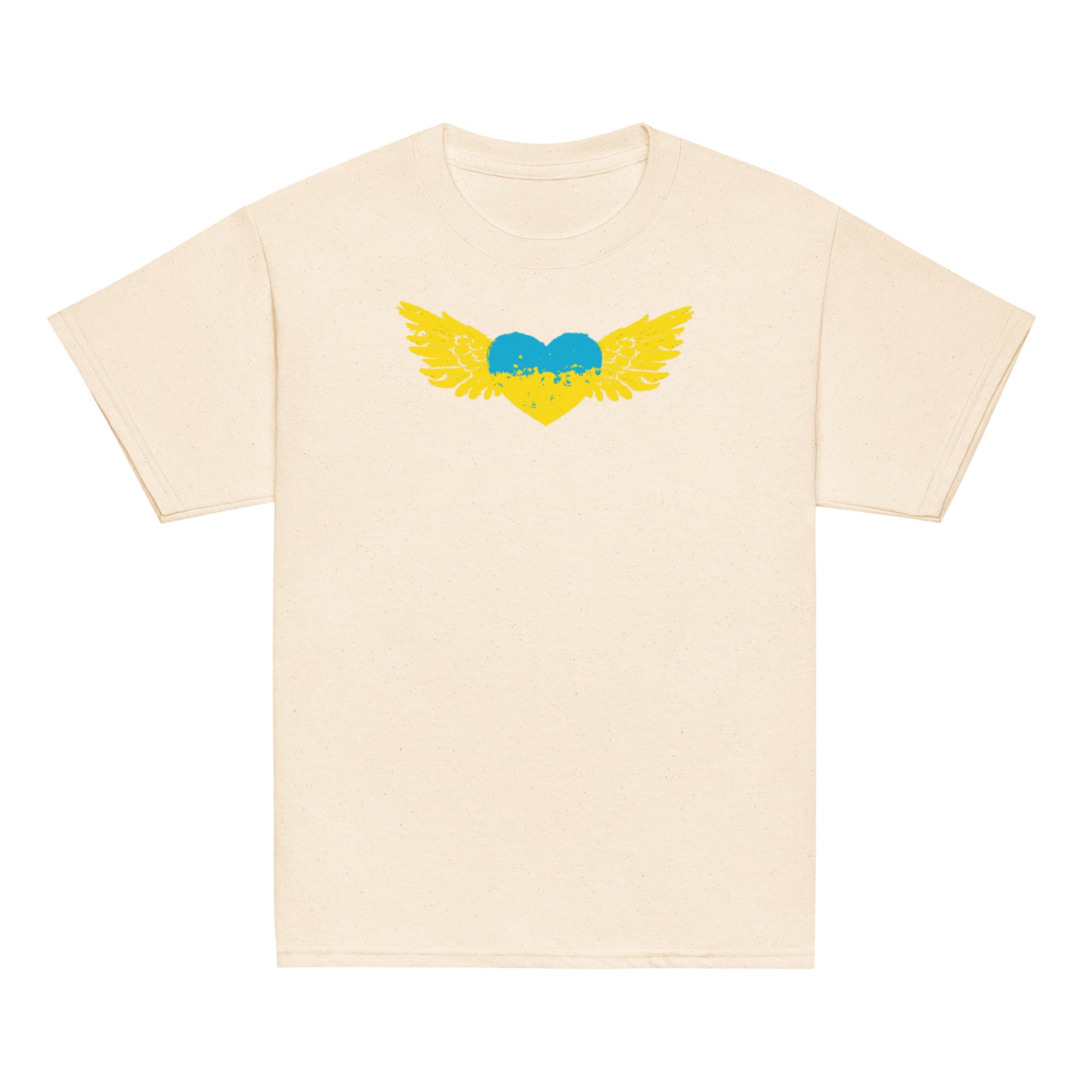 Youth classic t-shirt with Ukrainian Tryzub emblem on the chest, showcasing patriotic design in soft beige color.