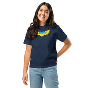 Youth wearing classic t-shirt with yellow Ukrainian Tryzub emblem and blue heart design, showcasing cultural pride and heritage.