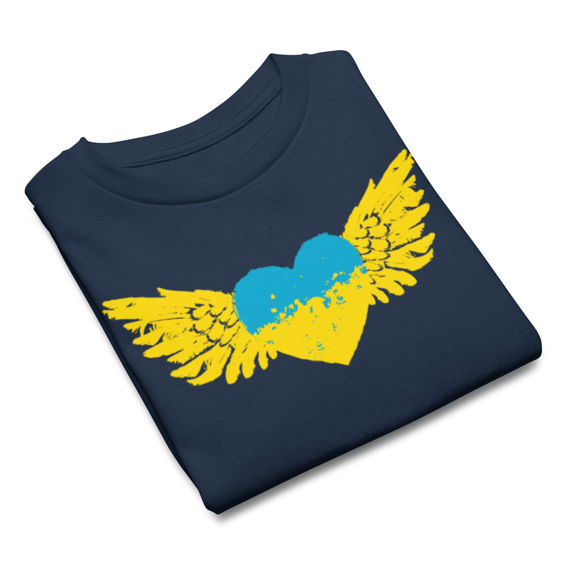 Navy blue t-shirt with Ukrainian heart and wing design in yellow and blue, symbolizing freedom and pride.