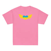 Youth pink t-shirt with yellow-winged heart design, celebrating Ukrainian pride. Ideal for active kids who love vibrant cultural fashion.