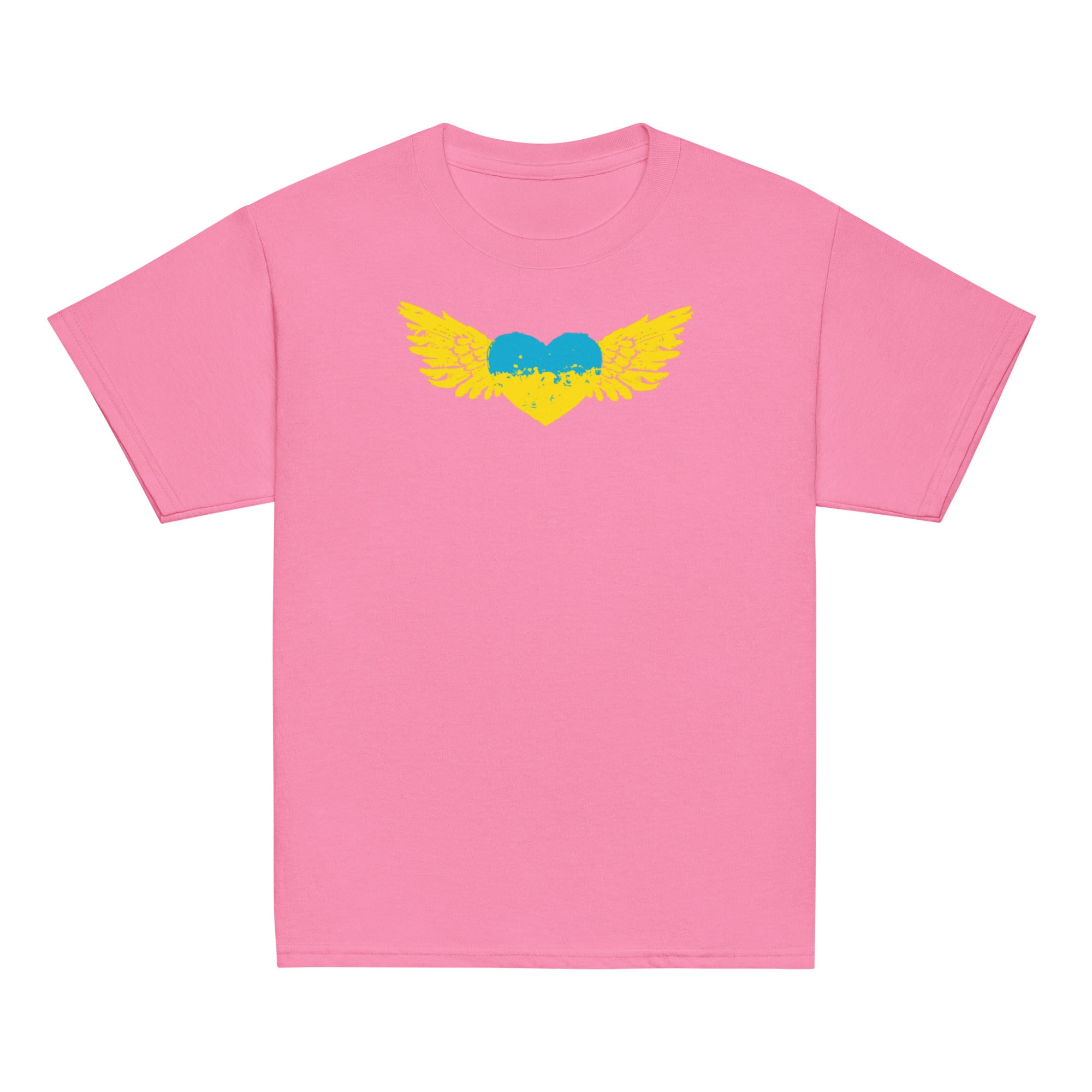 Youth pink t-shirt with yellow-winged heart design, celebrating Ukrainian pride. Ideal for active kids who love vibrant cultural fashion.