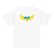 Youth t-shirt with Ukrainian Tryzub emblem in blue and yellow on white background, celebrating Ukrainian heritage and pride.
