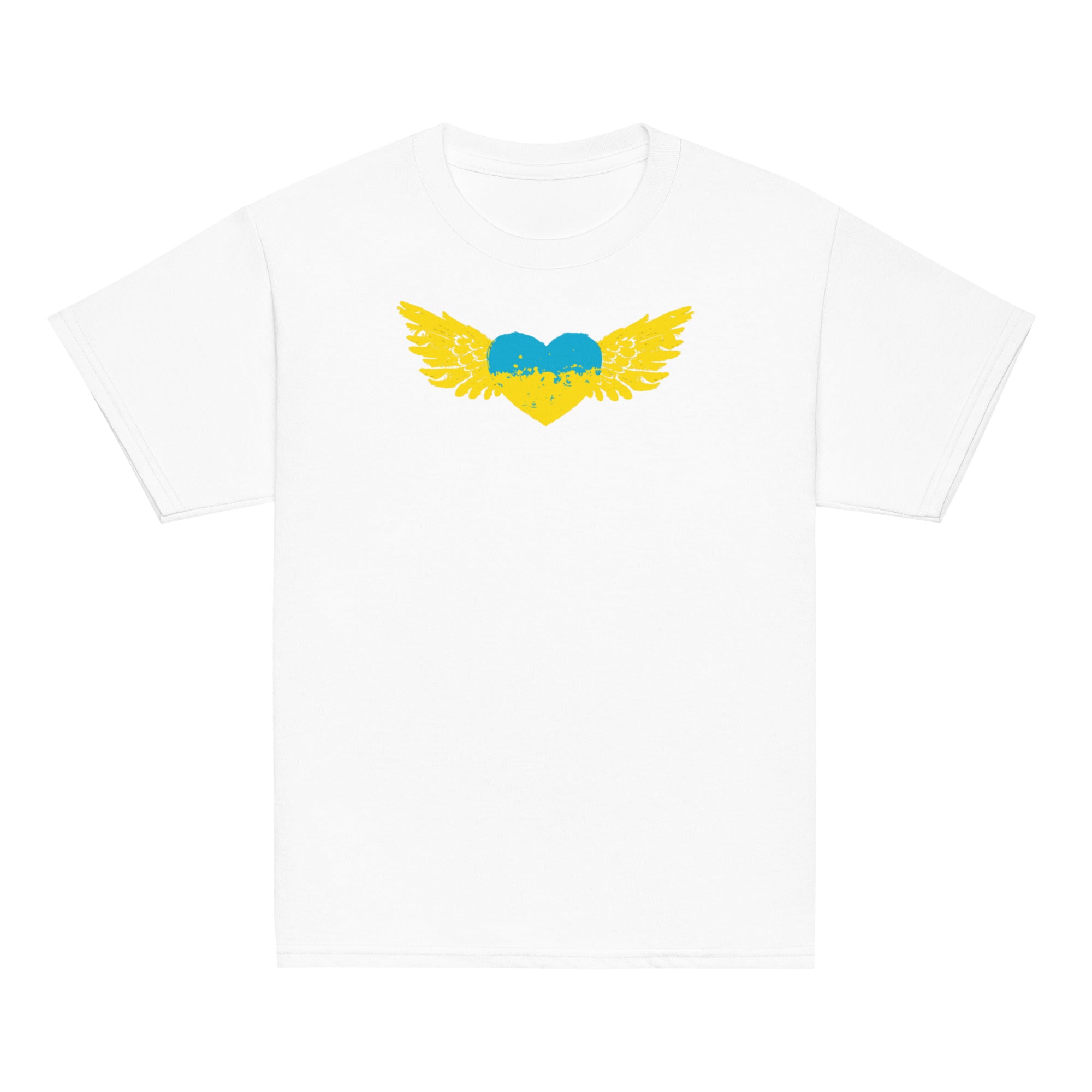 Youth t-shirt with Ukrainian Tryzub emblem in blue and yellow on white background, celebrating Ukrainian heritage and pride.