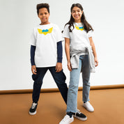 Two children wearing Ukrainian emblem t-shirts, showcasing Tryzub design for youth.