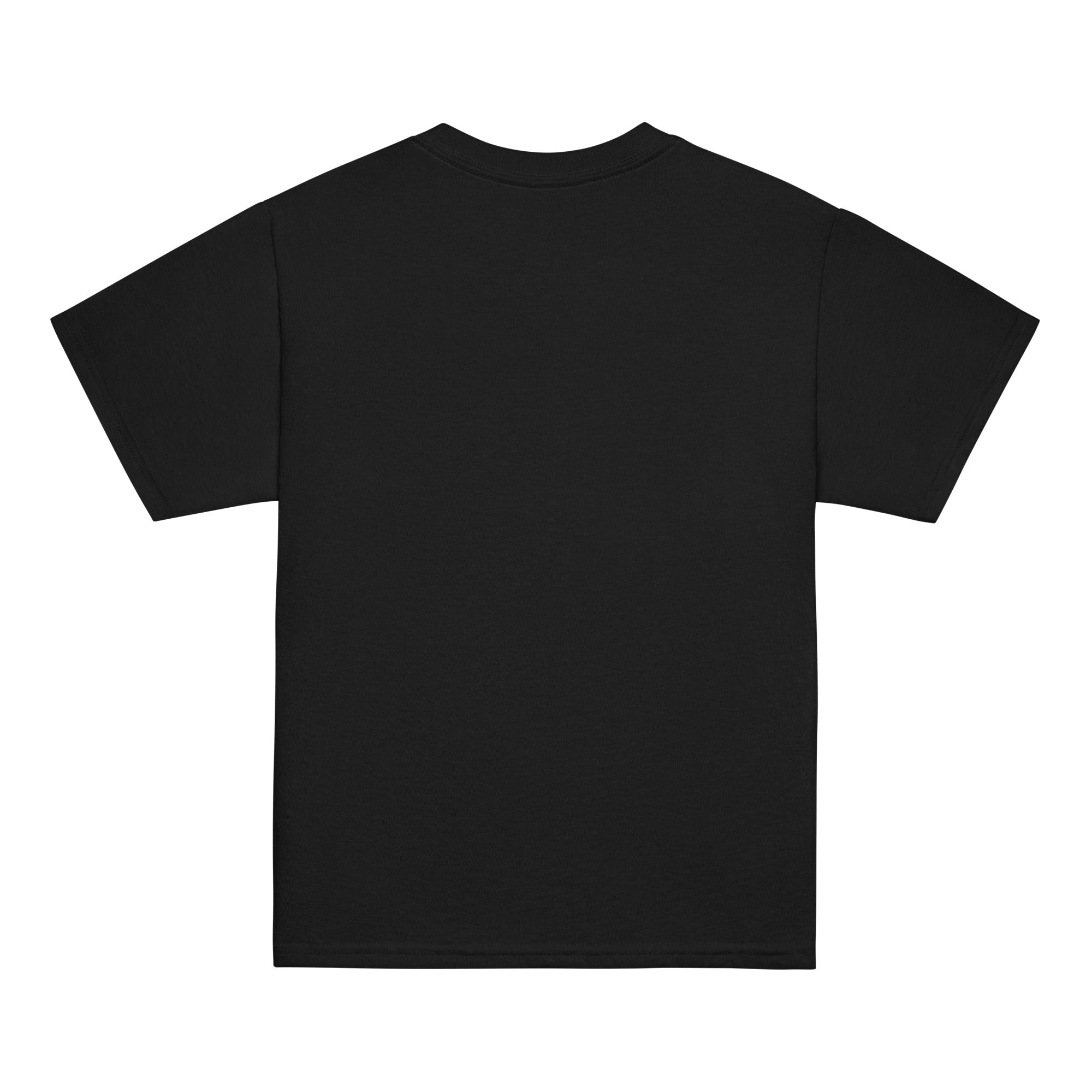 Back view of youth black t-shirt with Ukrainian Tryzub emblem, 100% cotton for comfort and durability, showcasing pride in Ukrainian heritage.
