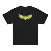 Youth classic black T-shirt with Ukrainian Tryzub emblem, showcasing patriotic design and comfort for active kids.