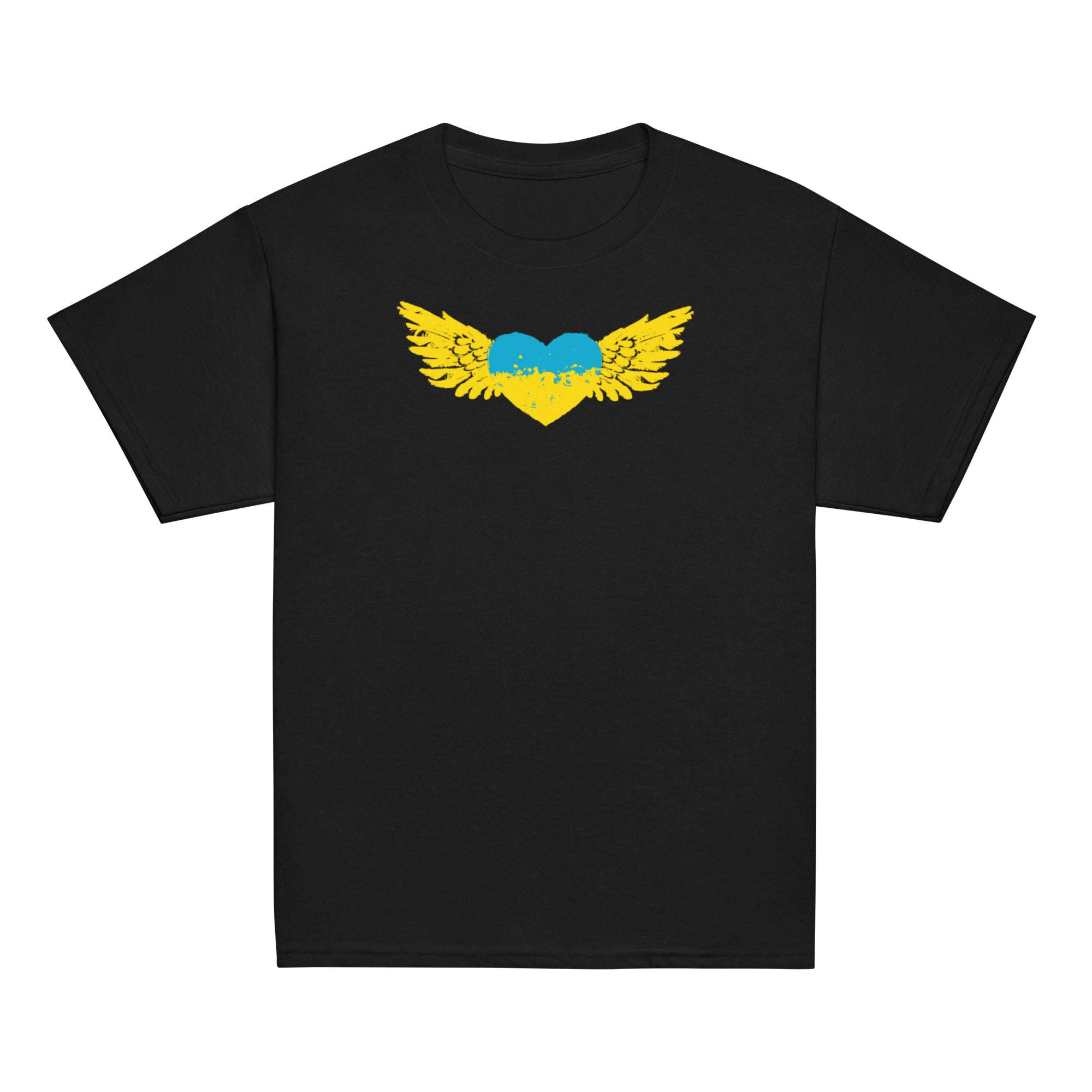 Youth classic black T-shirt with Ukrainian Tryzub emblem, showcasing patriotic design and comfort for active kids.