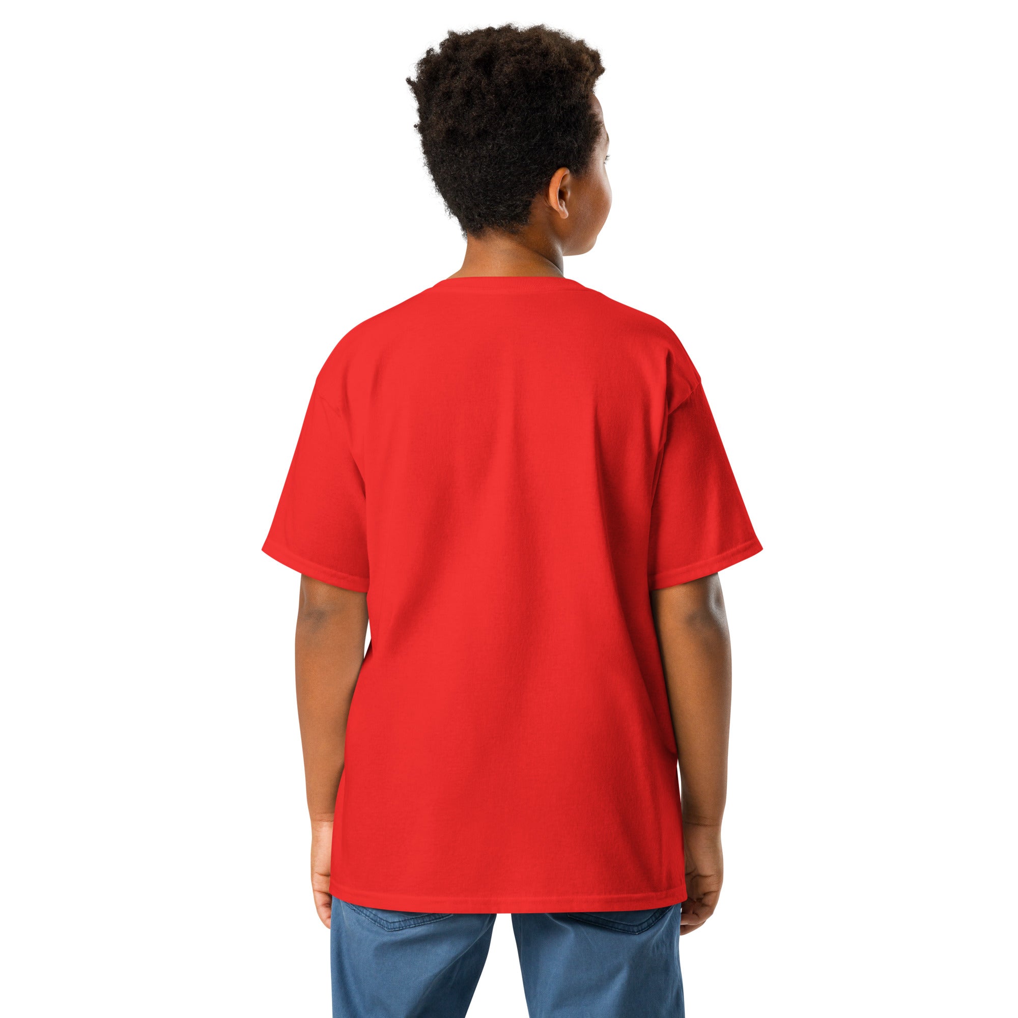 Back view of youth wearing a red classic t-shirt featuring Ukrainian Tryzub emblem, designed for comfort and durability.