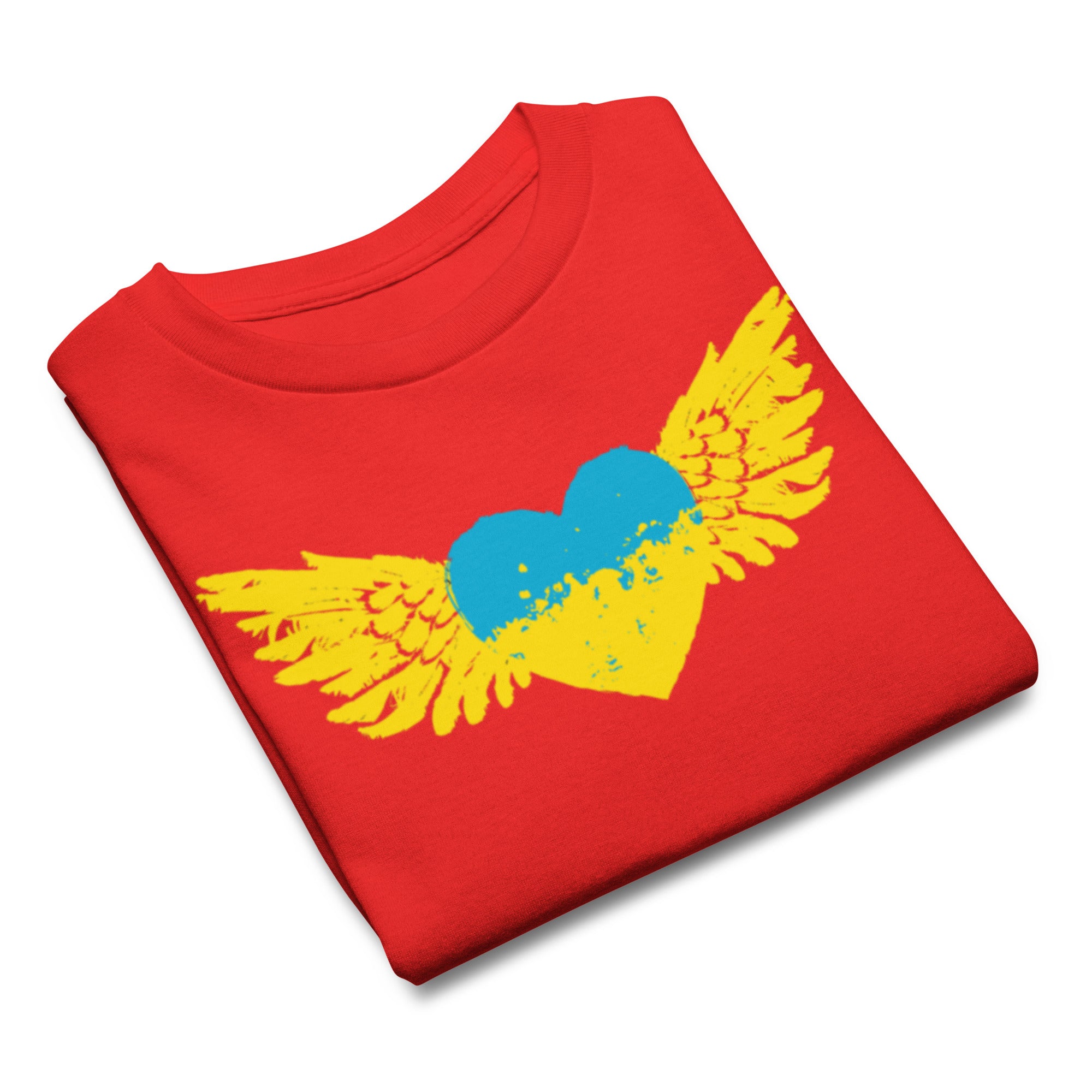 Red t-shirt with a heart and wings design in blue and yellow, symbolizing Ukrainian pride and culture.