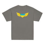 Youth classic t-shirt with Ukrainian Tryzub emblem in bold colors, ideal for showcasing cultural pride and comfort for active kids.