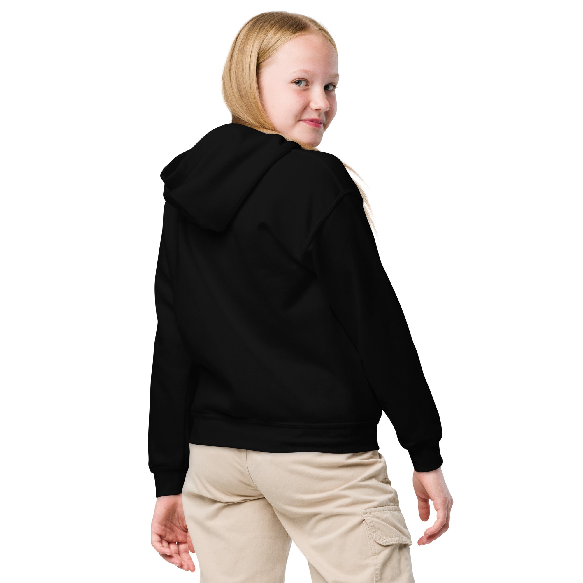 Youth wearing black heavy blend hoodie with Ukrainian superhero design, showcasing the back view and comfort of the durable fleece.
