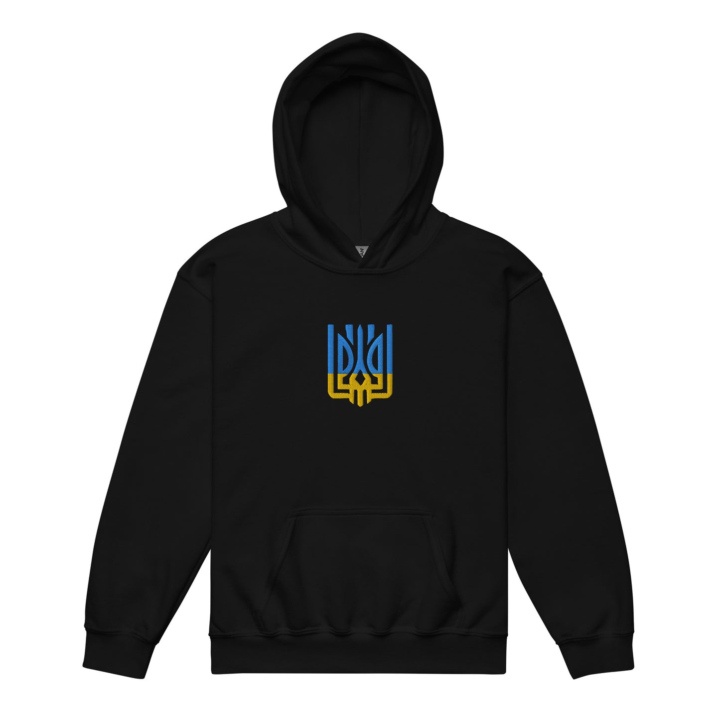 Youth heavy blend hoodie with Tryzub emblem, celebrating Ukrainian pride and heritage. Durable and stylish for active kids.