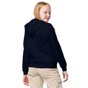 Youth model wearing a navy heavy blend hoodie, showcasing durability and comfort, ideal for active kids and adventures.