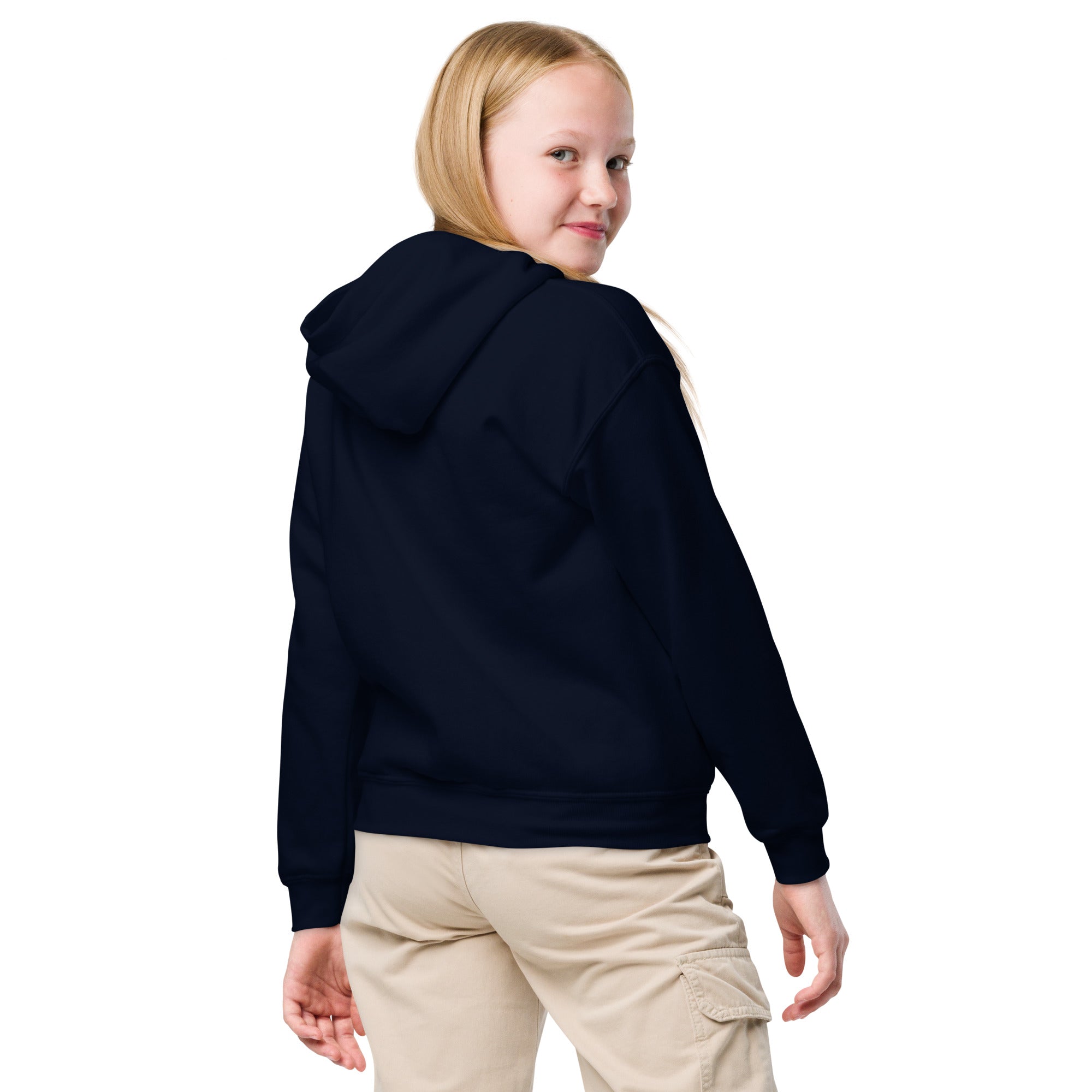 Youth model wearing a navy heavy blend hoodie, showcasing durability and comfort, ideal for active kids and adventures.