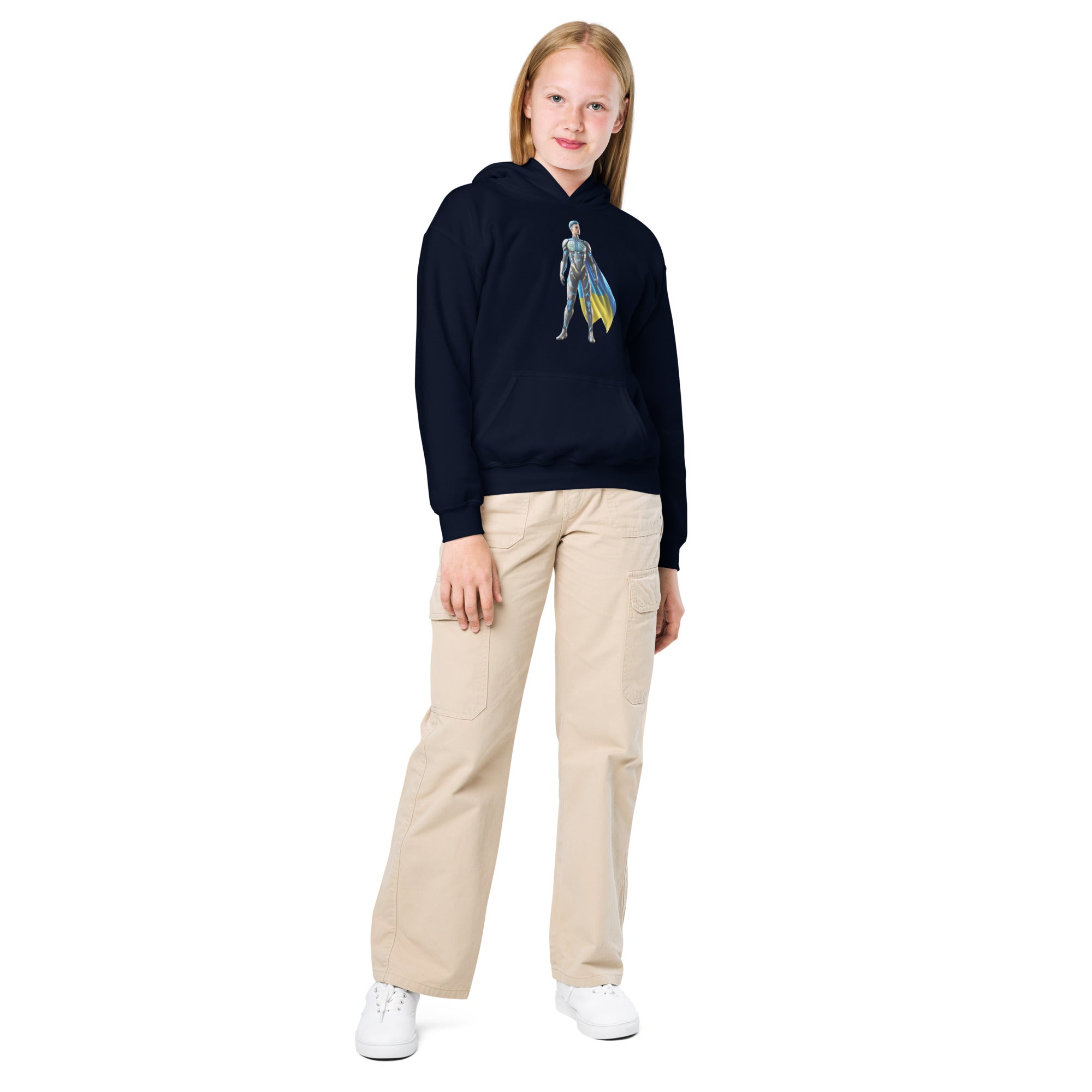 Youth wearing navy hoodie with Ukrainian superhero design, showcasing style and comfort in durable cotton-poly blend.