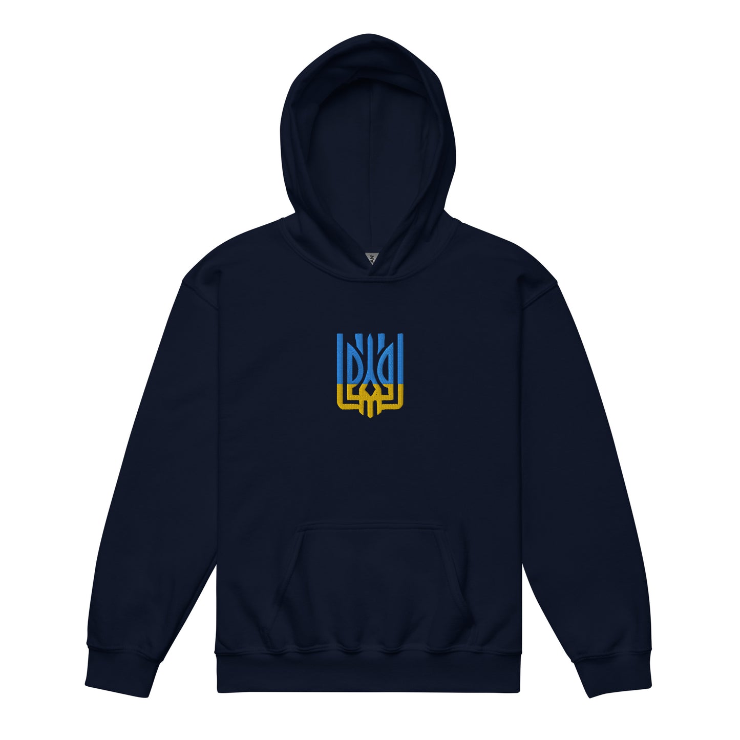 Youth heavy blend hoodie with Tryzub emblem, celebrates Ukrainian pride and heritage, made from durable 50% cotton and 50% polyester.