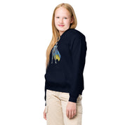 Youth wearing black hoodie with Ukrainian superhero design