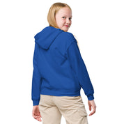Youth wearing blue hoodie, showcasing durable cotton-poly blend for active kids. Perfect for adventure with Ukrainian superhero design.