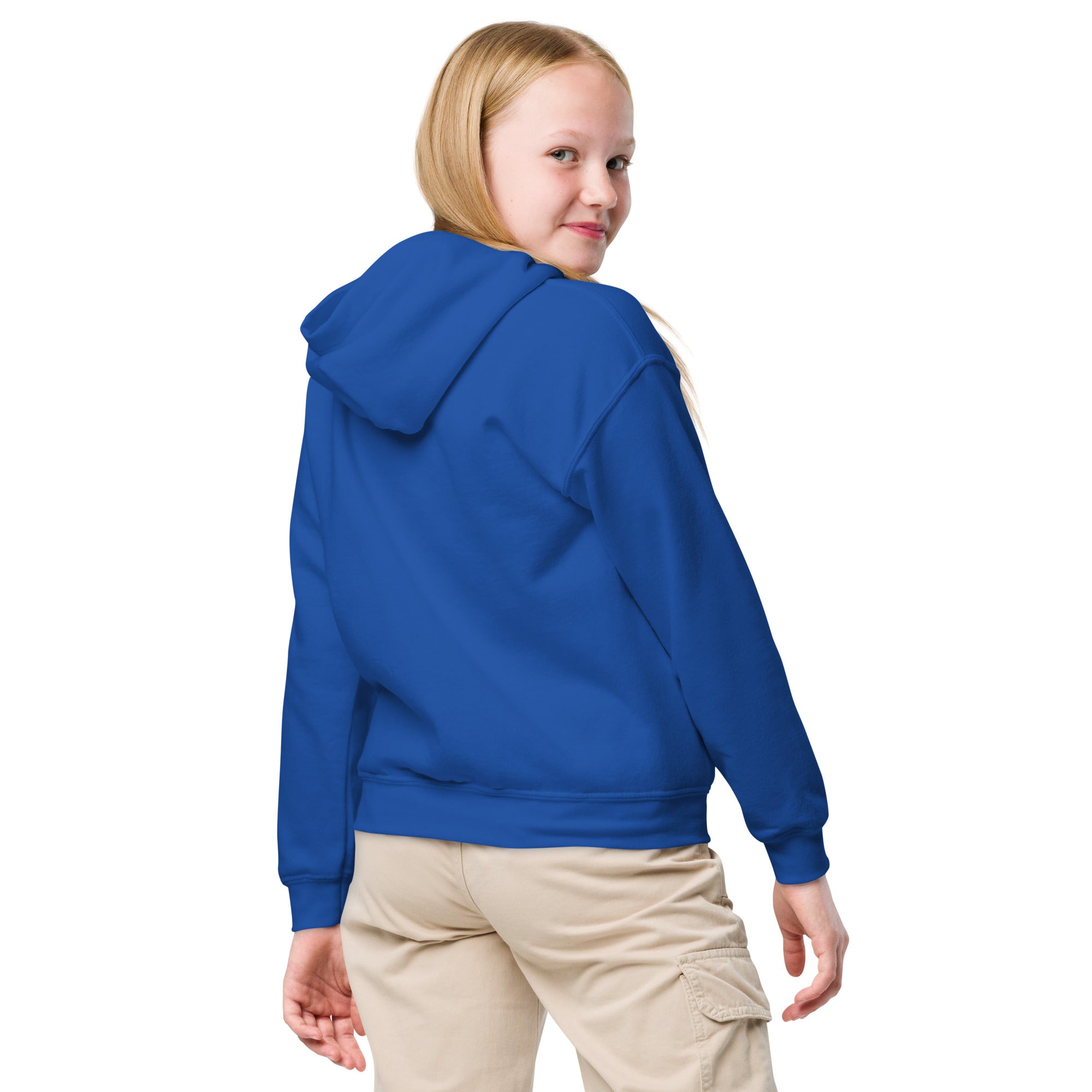 Youth wearing blue hoodie, showcasing durable cotton-poly blend for active kids. Perfect for adventure with Ukrainian superhero design.