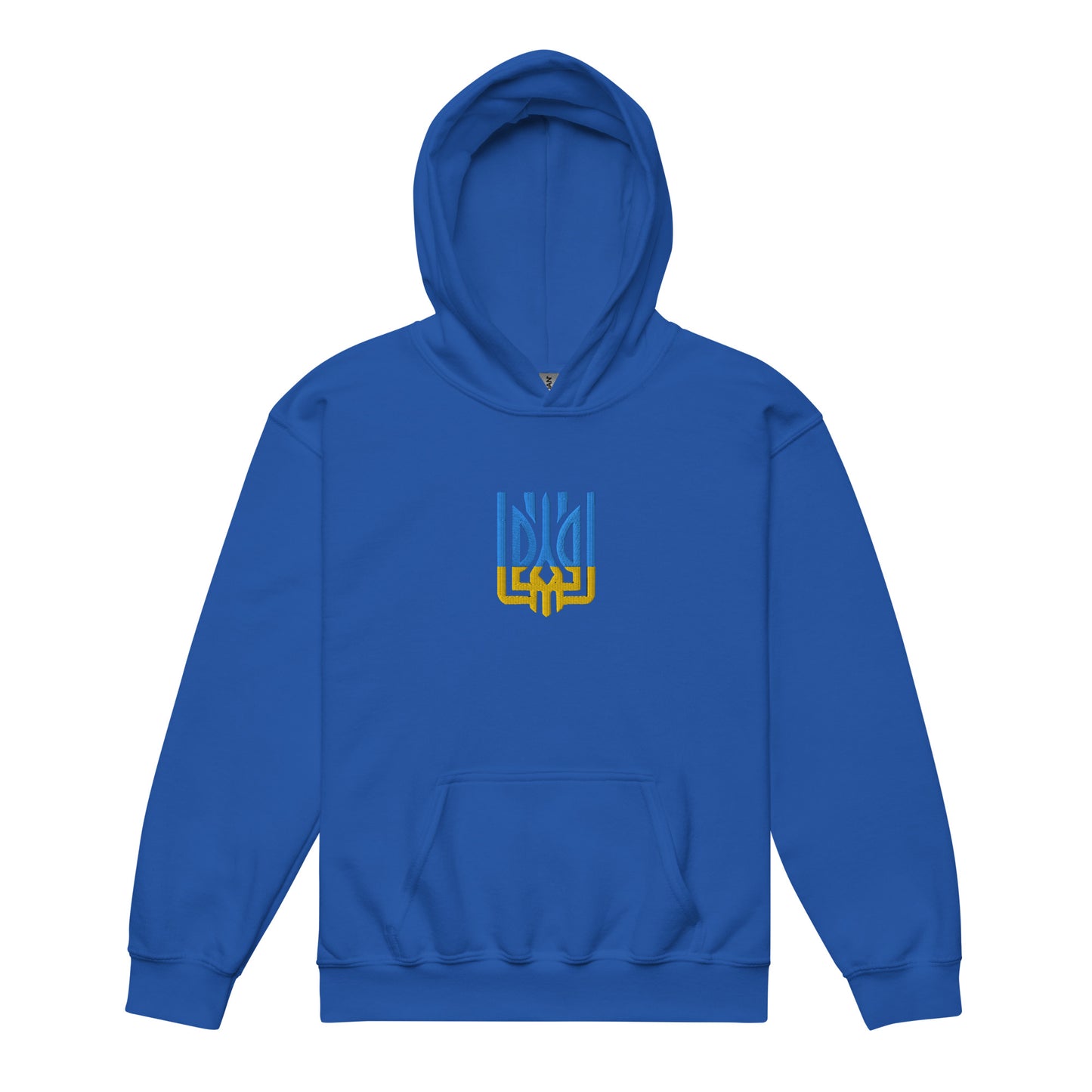 Youth heavy blend blue hoodie with Tryzub emblem celebrating Ukrainian heritage.