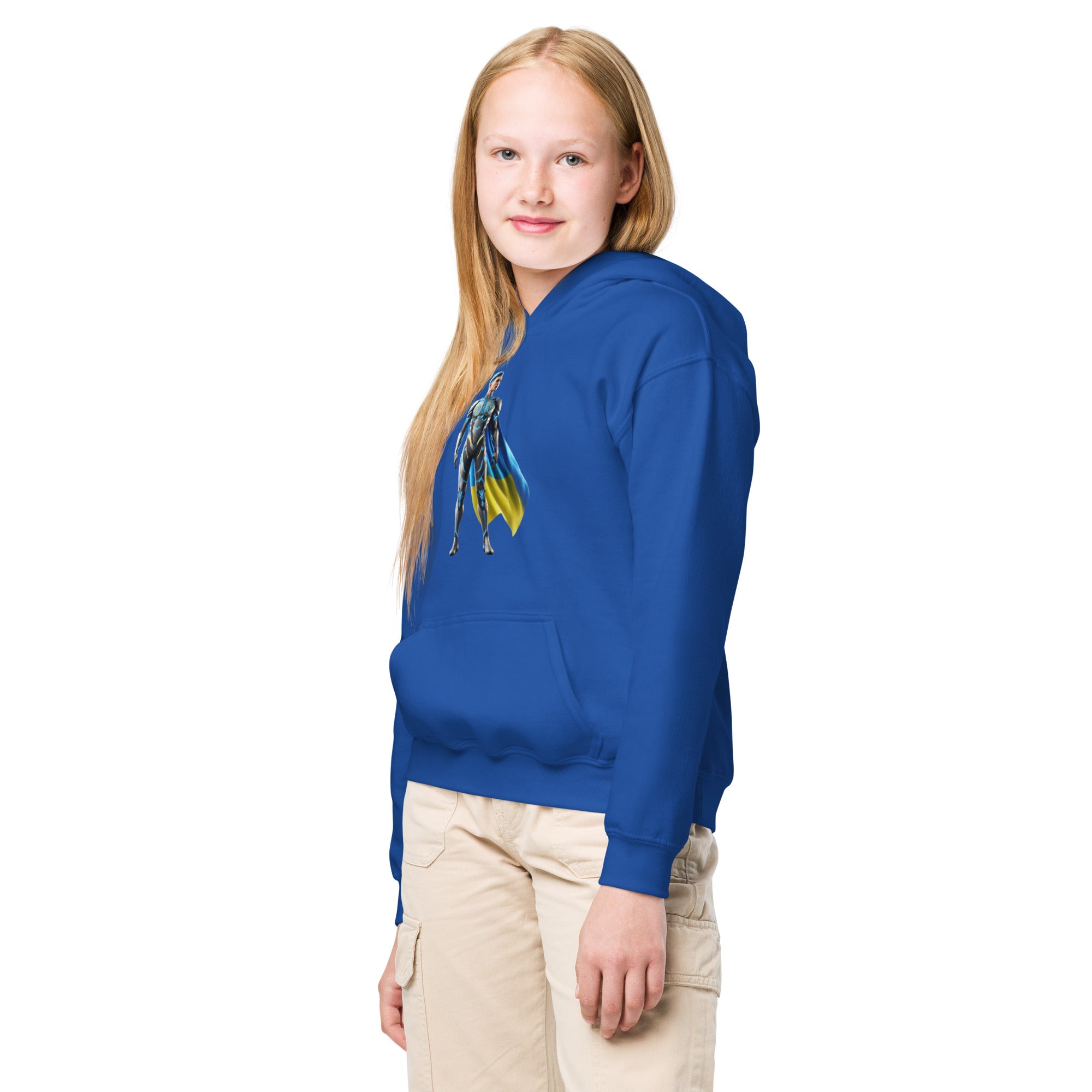 Youth wearing blue hoodie with Ukrainian superhero design, side view.