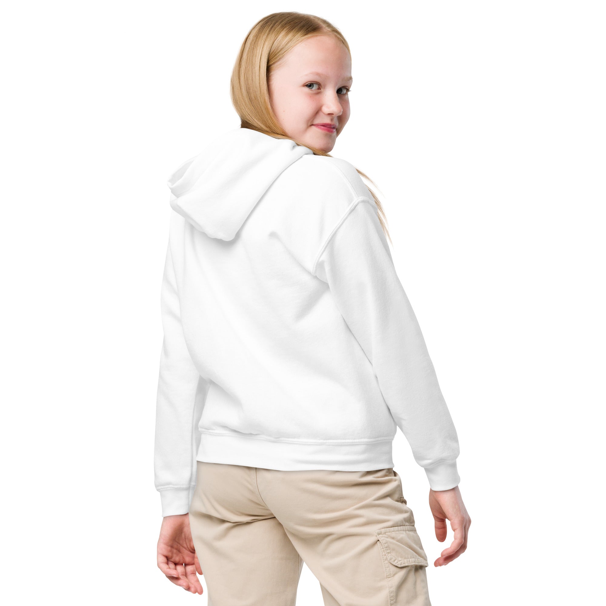 Youth in white hoodie with Ukrainian superhero design, showing back view to highlight soft and durable fleece material