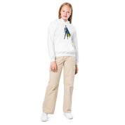 Youth wearing white hoodie with Ukrainian superhero design, showcasing style and comfort in heavy blend fabric.